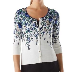White House Black Market Cream Cardigan with Blue Floral Print